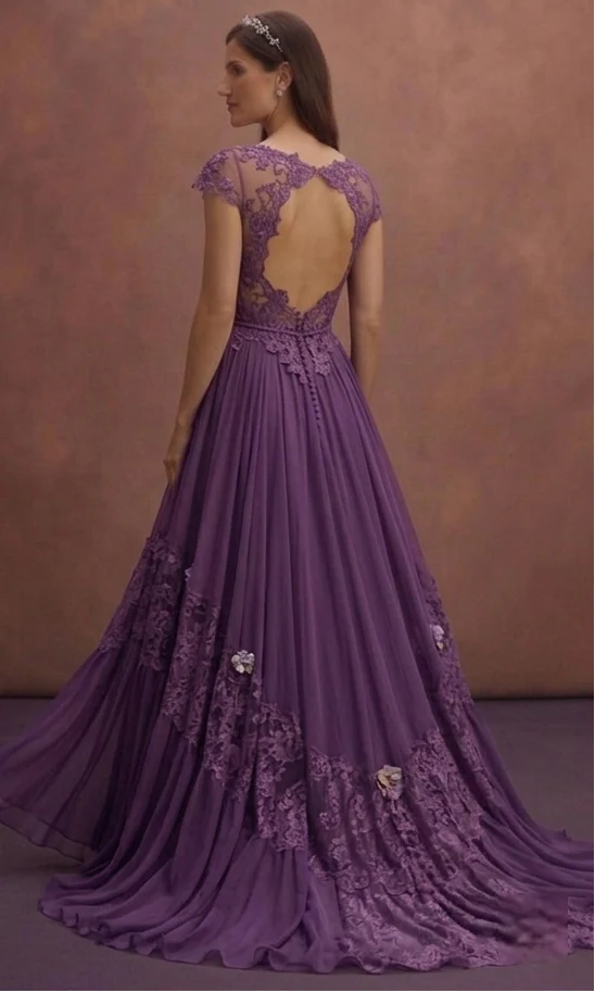Purple Wedding Dress Bohemian Chiffon Floral Lace Dress - Image 3