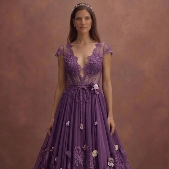 Purple Wedding Dress Bohemian Chiffon Floral Lace Dress - Image 4