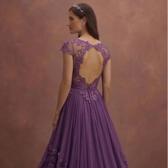 Purple Wedding Dress Bohemian Chiffon Floral Lace Dress - Image 5