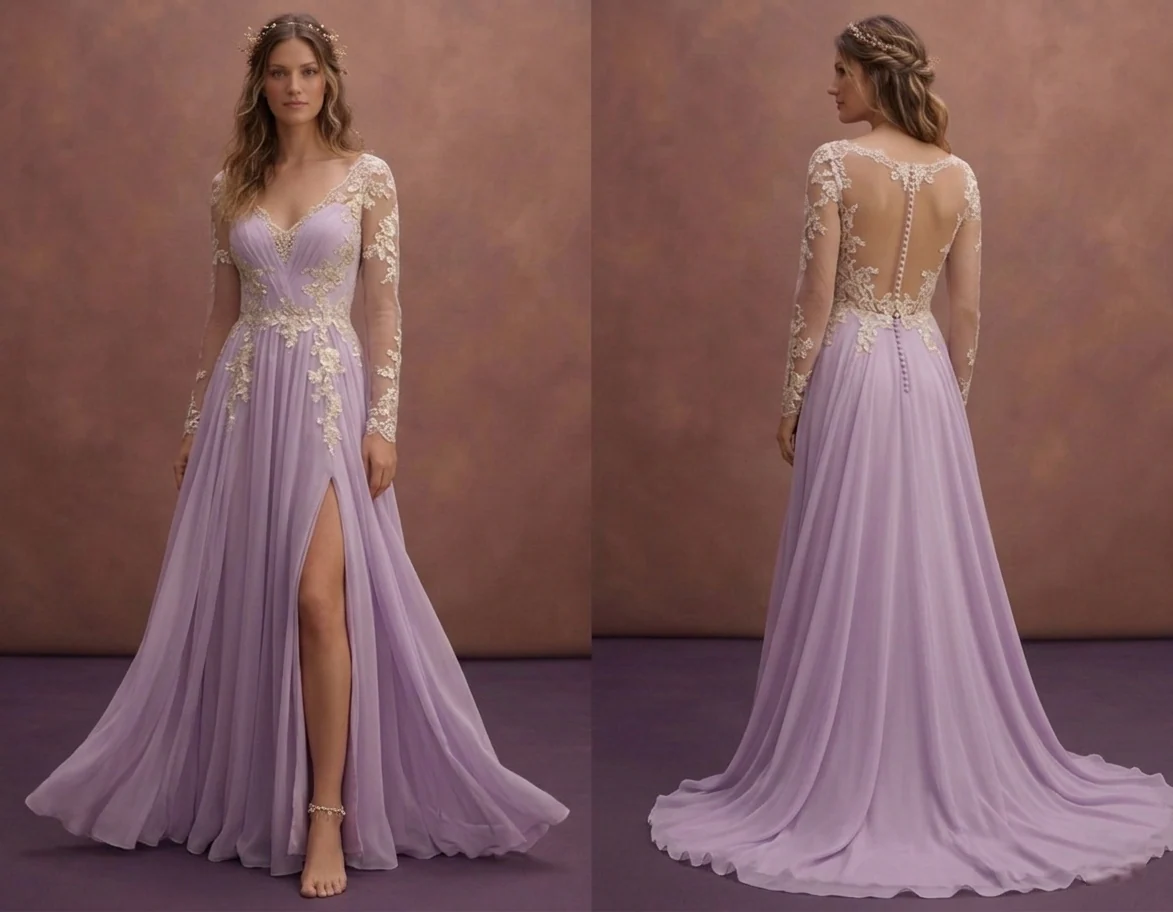 Purple Wedding Dress Boho Chiffon Lightweight Lace Gown