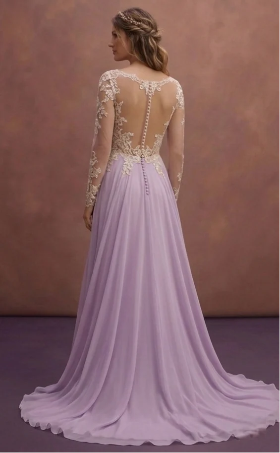 Purple Wedding Dress Boho Chiffon Lightweight Lace Gown - Image 3