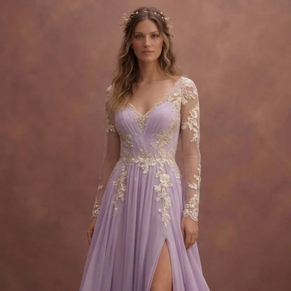 Purple Wedding Dress Boho Chiffon Lightweight Lace Gown - Image 4