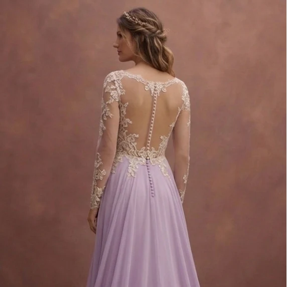 Purple Wedding Dress Boho Chiffon Lightweight Lace Gown - Image 5