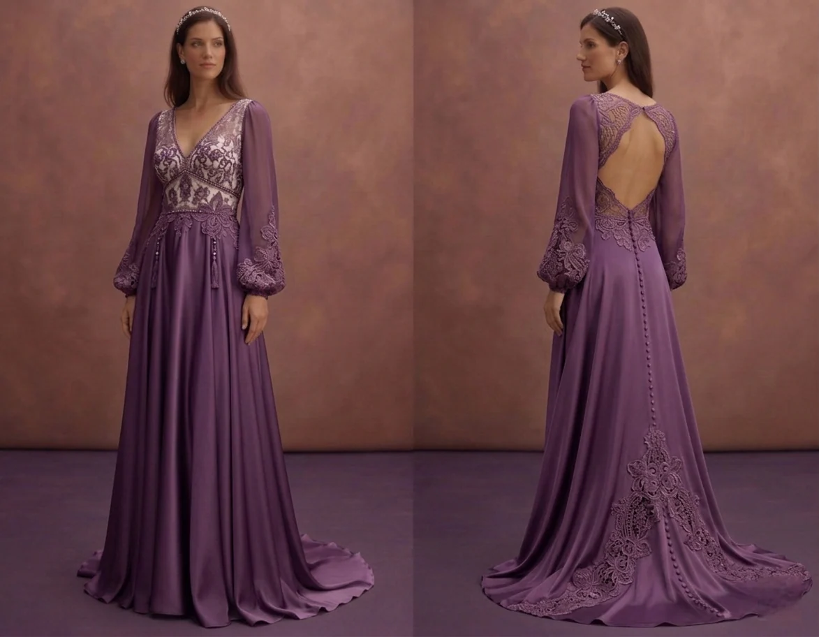 Purple Wedding Dress Boho Lace Satin Mixed Fabric Gown