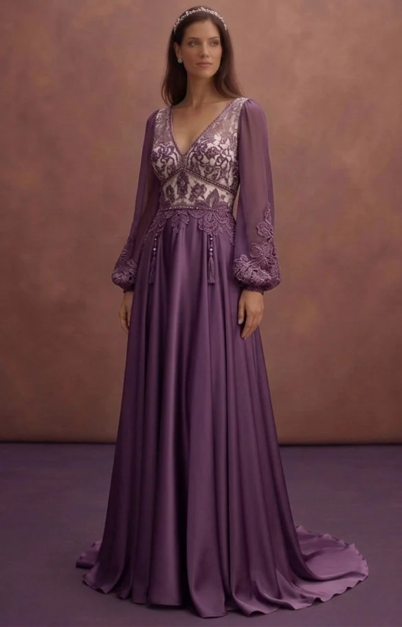 Purple Wedding Dress Boho Lace Satin Mixed Fabric Gown - Image 2