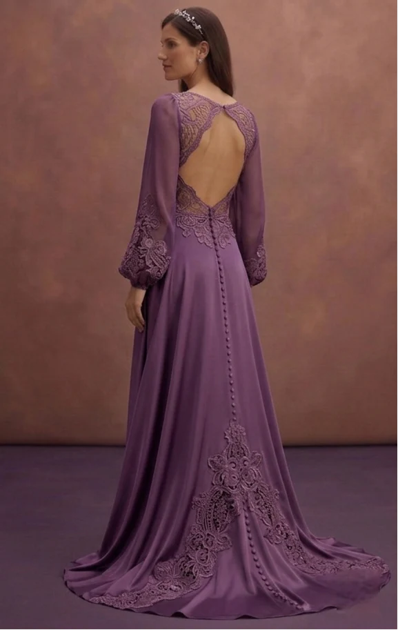 Purple Wedding Dress Boho Lace Satin Mixed Fabric Gown - Image 3