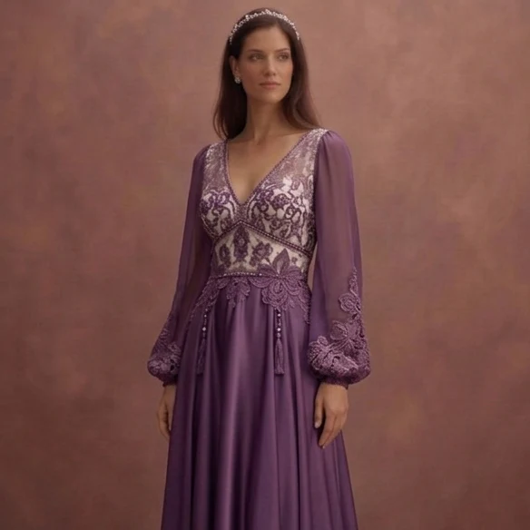 Purple Wedding Dress Boho Lace Satin Mixed Fabric Gown - Image 4