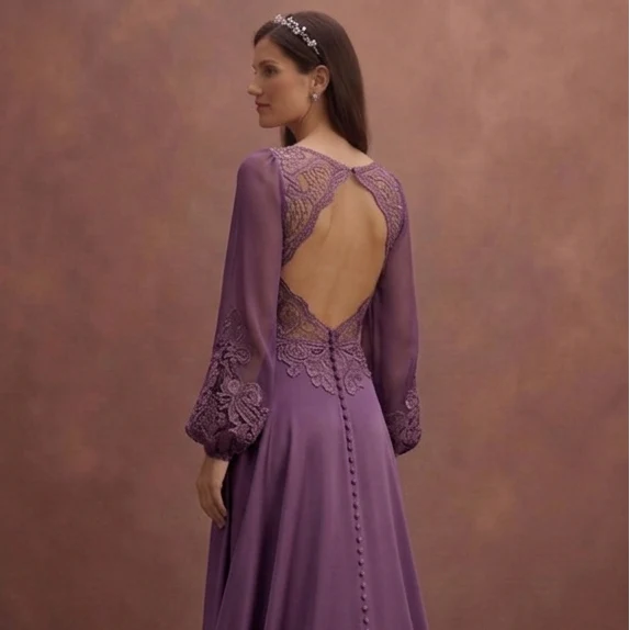 Purple Wedding Dress Boho Lace Satin Mixed Fabric Gown - Image 5