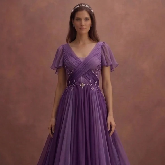 Purple Wedding Dress Empire Waist Chiffon Flowing Dress - Image 4