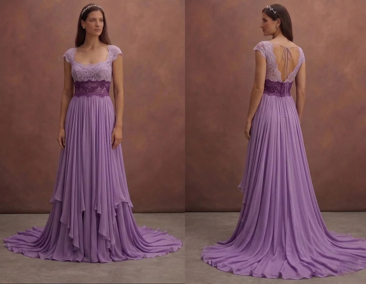 Purple Wedding Dress Empire Waist Lace Soft Flow Dress
