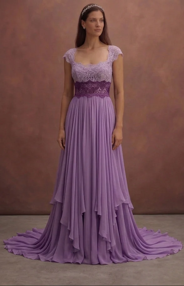Purple Wedding Dress Empire Waist Lace Soft Flow Dress - Image 2
