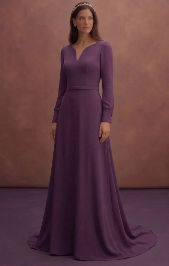 Purple Wedding Dress Long Sleeve Crepe Modern Classic Gown - Image 2