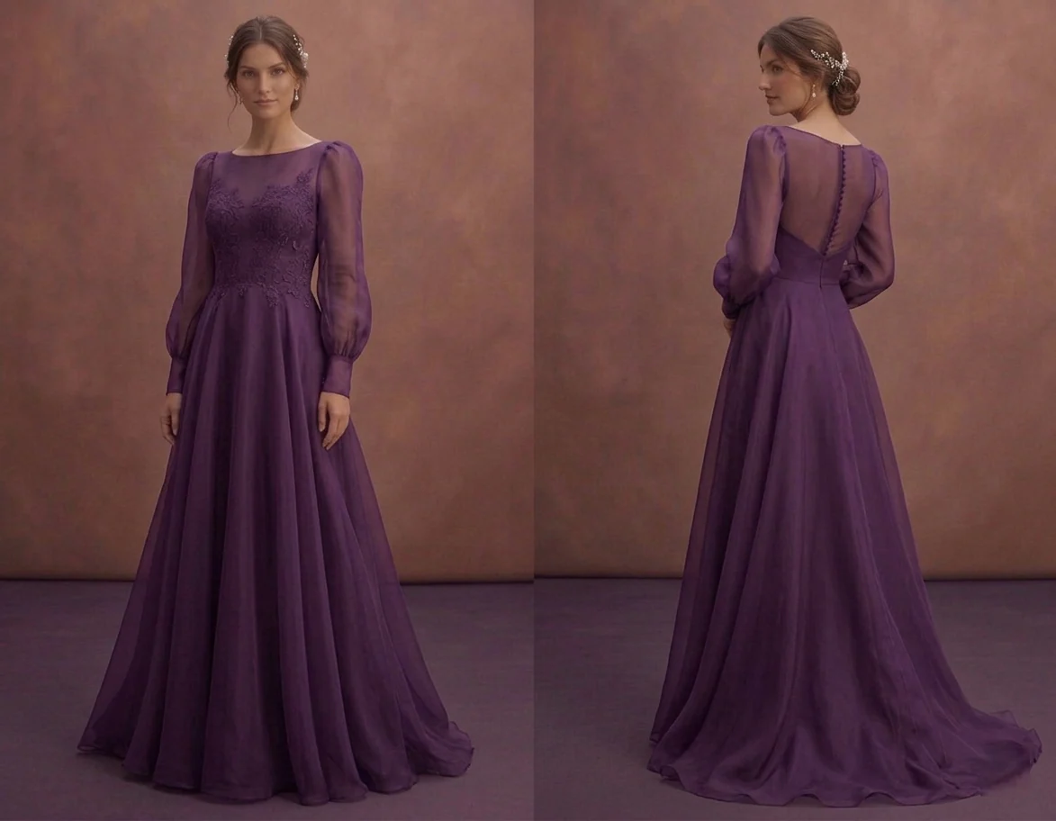 Purple Wedding Dress Long Sleeve Organza Elegant Bridal Gown