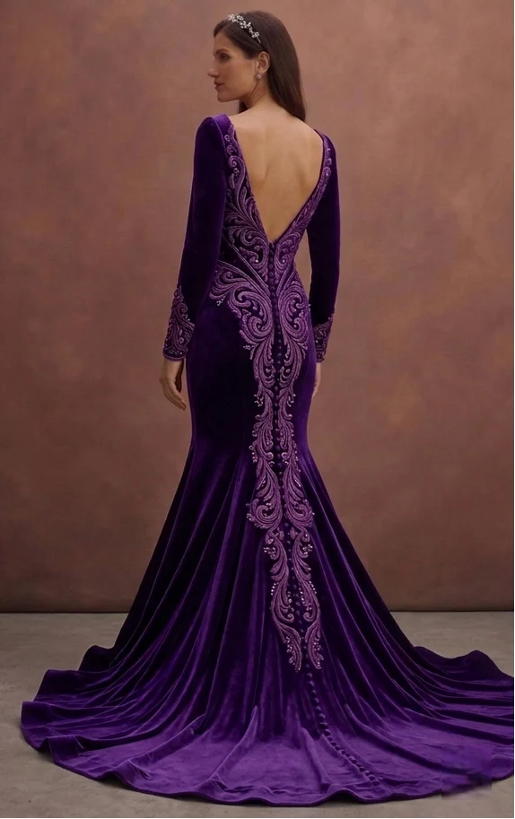 Purple Wedding Dress Mermaid Velvet Royal Bridal Dress - Image 3