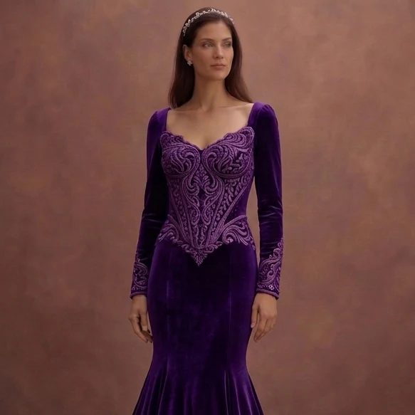Purple Wedding Dress Mermaid Velvet Royal Bridal Dress - Image 4