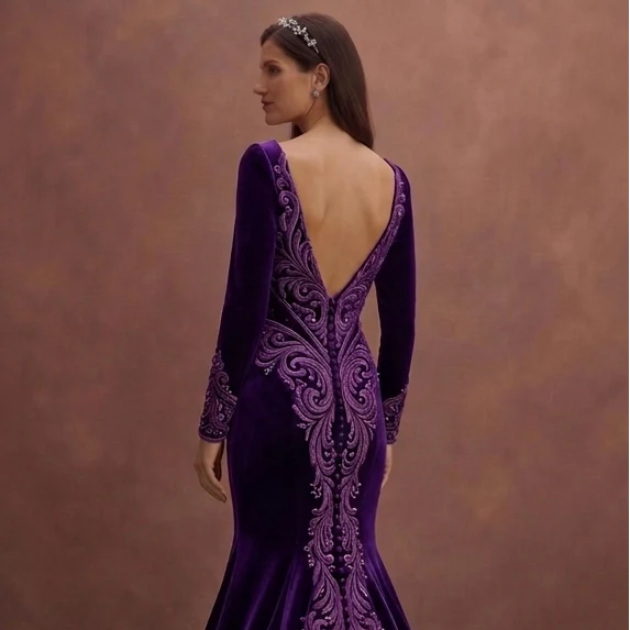 Purple Wedding Dress Mermaid Velvet Royal Bridal Dress - Image 5