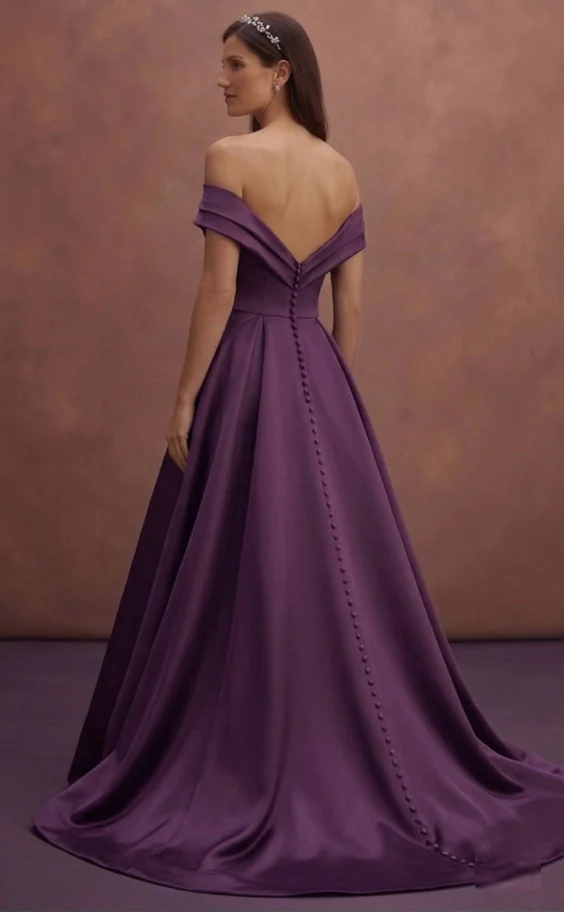 Purple Wedding Dress Off Shoulder Satin Soft Glam Gown - Image 3