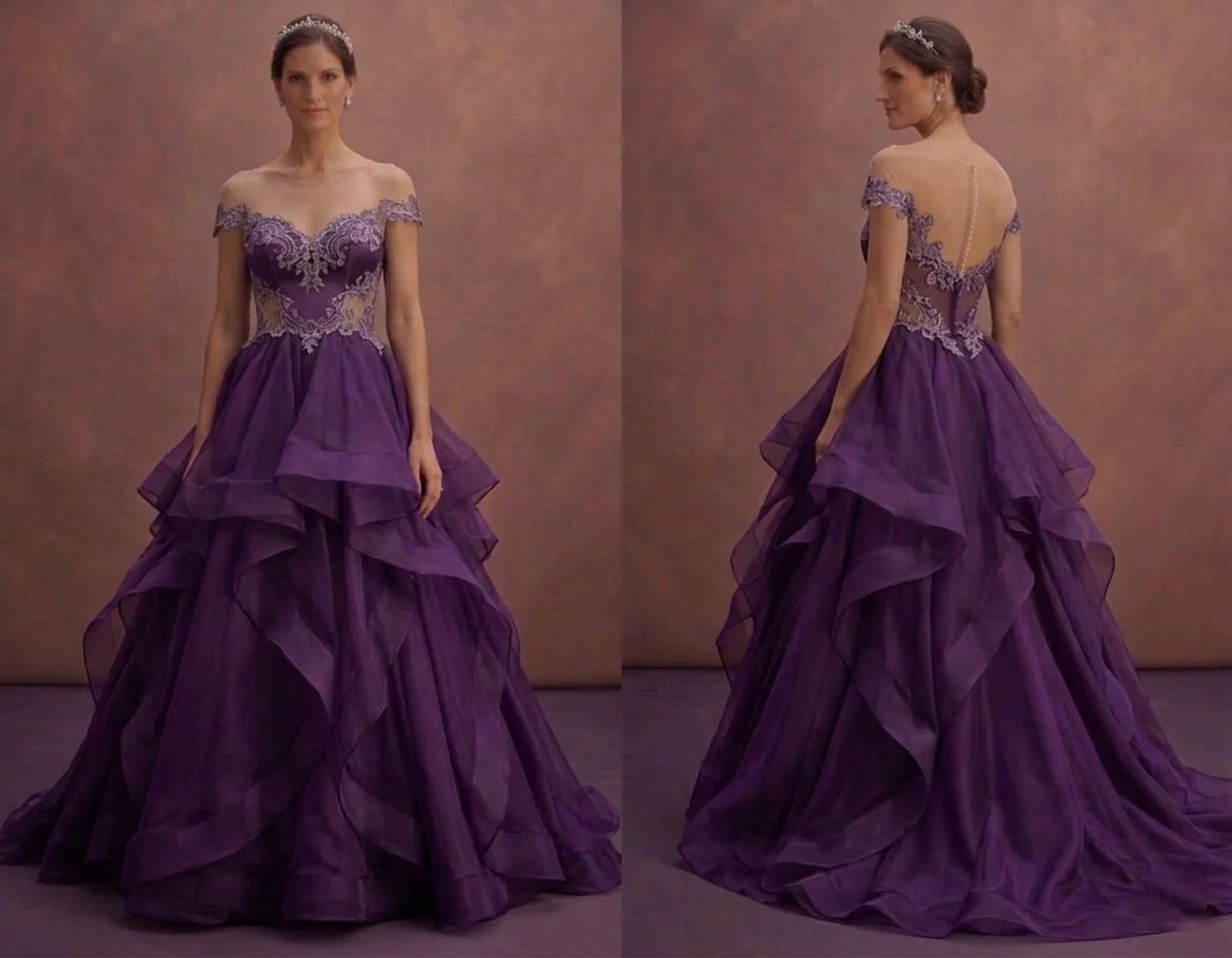 Purple Wedding Dress Strapless Organza Voluminous Gown