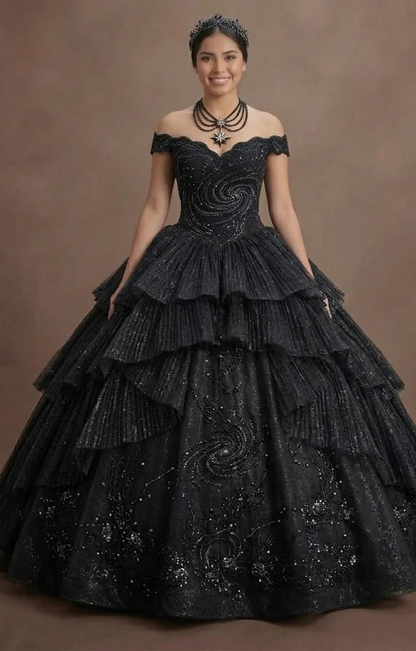 Quinceañera Ball Gown Black Glitter Tulle Glam Night - Image 2
