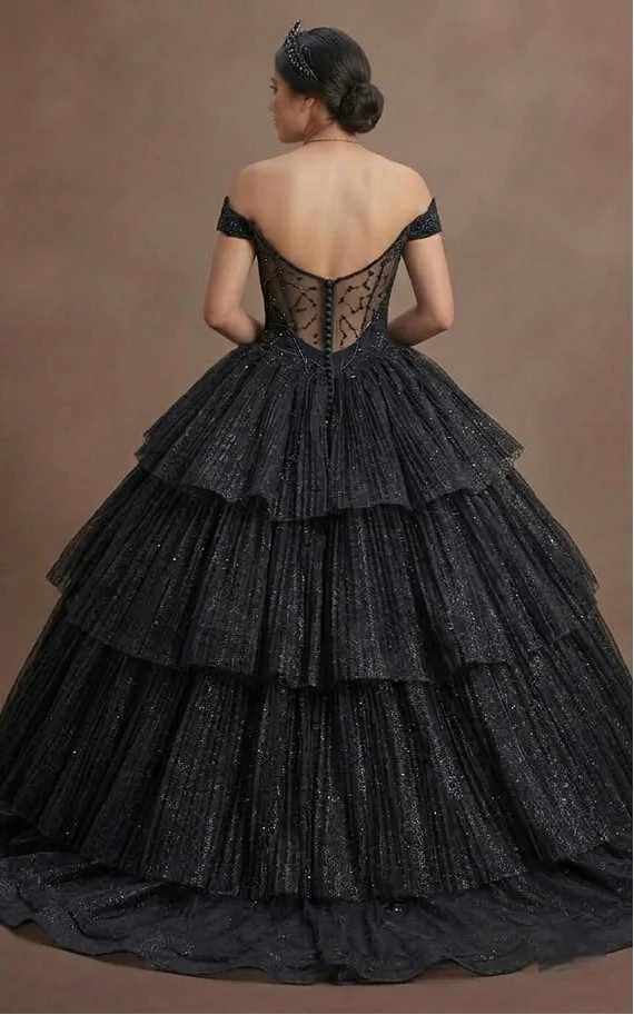 Quinceañera Ball Gown Black Glitter Tulle Glam Night - Image 3