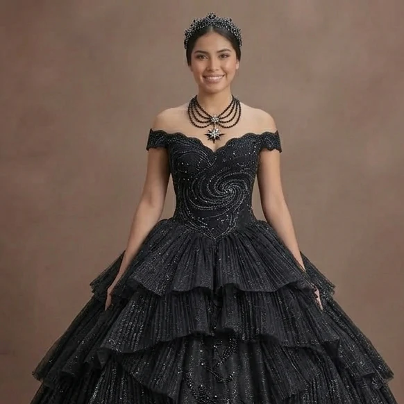 Quinceañera Ball Gown Black Glitter Tulle Glam Night - Image 4