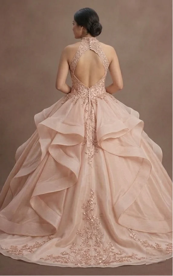 Quinceañera Ball Gown Blush Nude Organza Romantic Party - Image 3