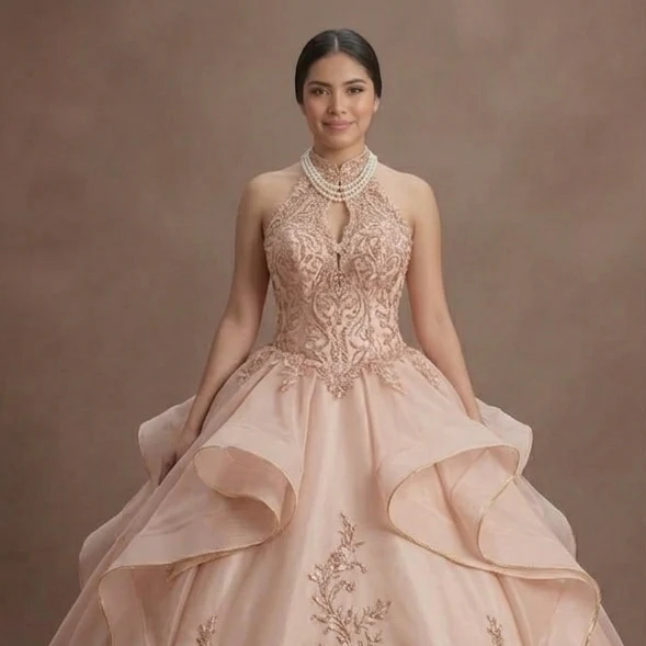 Quinceañera Ball Gown Blush Nude Organza Romantic Party - Image 4