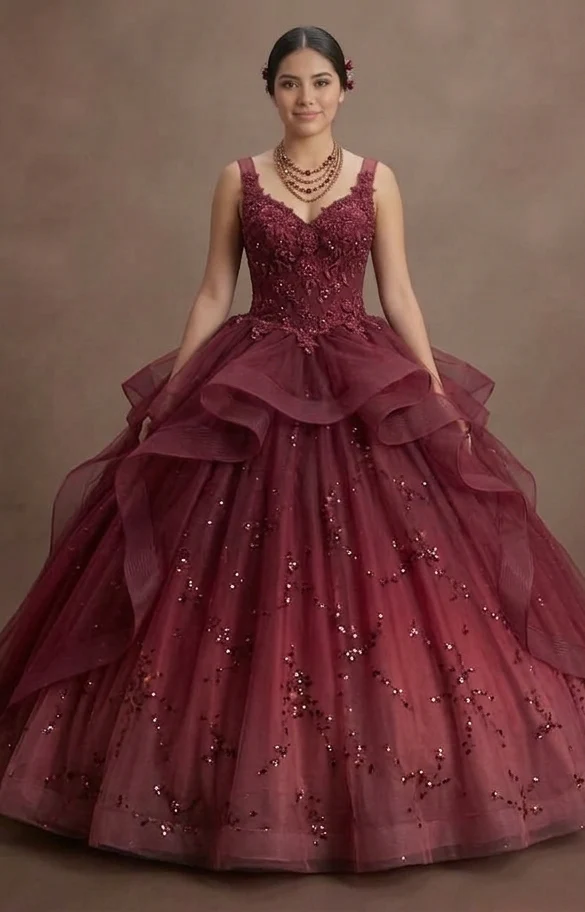 Quinceañera Ball Gown Burgundy Tulle Evening Celebration - Image 2