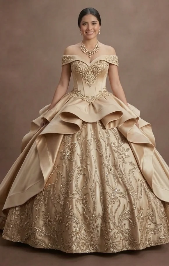 Quinceañera Ball Gown Champagne Satin Formal Reception - Image 2