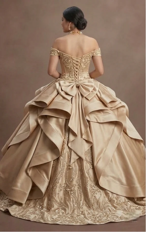 Quinceañera Ball Gown Champagne Satin Formal Reception - Image 3