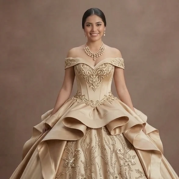 Quinceañera Ball Gown Champagne Satin Formal Reception - Image 4