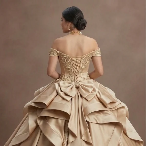 Quinceañera Ball Gown Champagne Satin Formal Reception - Image 5
