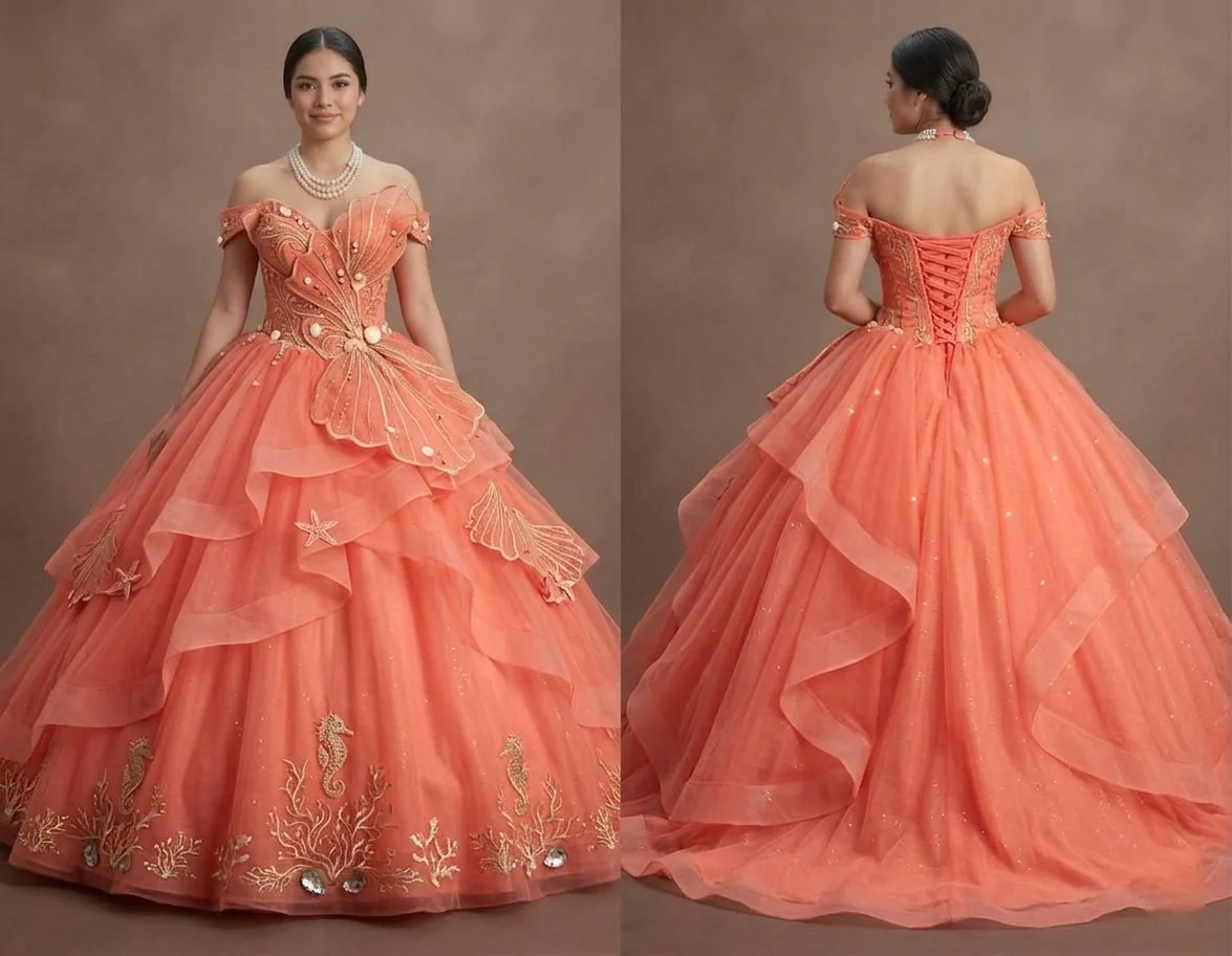 Quinceañera Ball Gown Coral Tulle Summer Party
