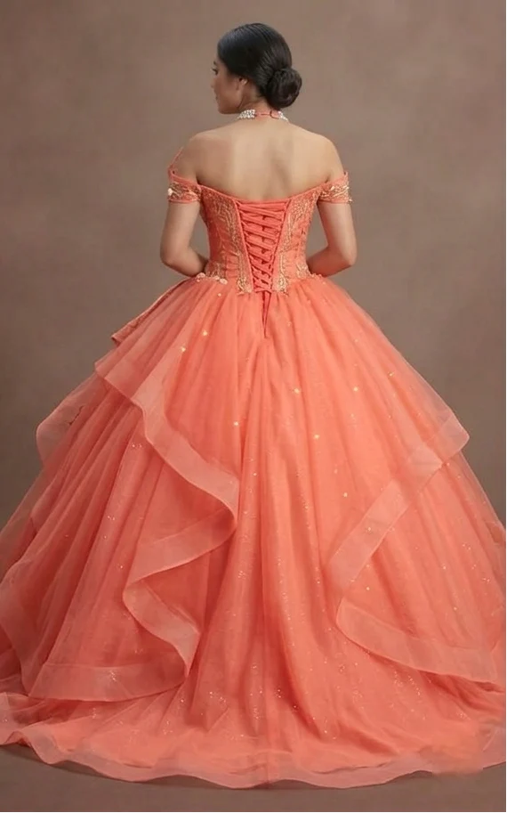 Quinceañera Ball Gown Coral Tulle Summer Party - Image 3