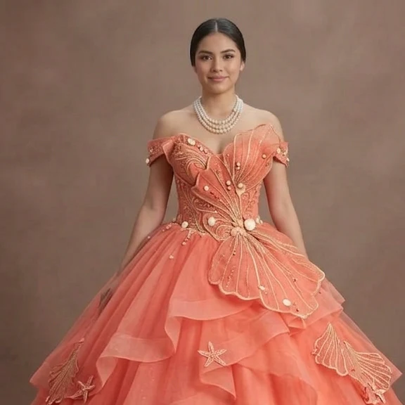 Quinceañera Ball Gown Coral Tulle Summer Party - Image 4