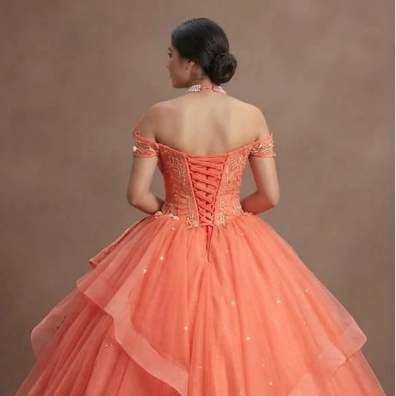Quinceañera Ball Gown Coral Tulle Summer Party - Image 5
