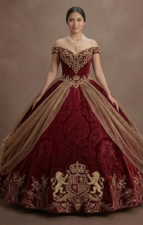 Quinceañera Ball Gown Crimson Velvet Royal Celebration - Image 2