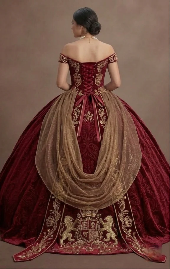 Quinceañera Ball Gown Crimson Velvet Royal Celebration - Image 3