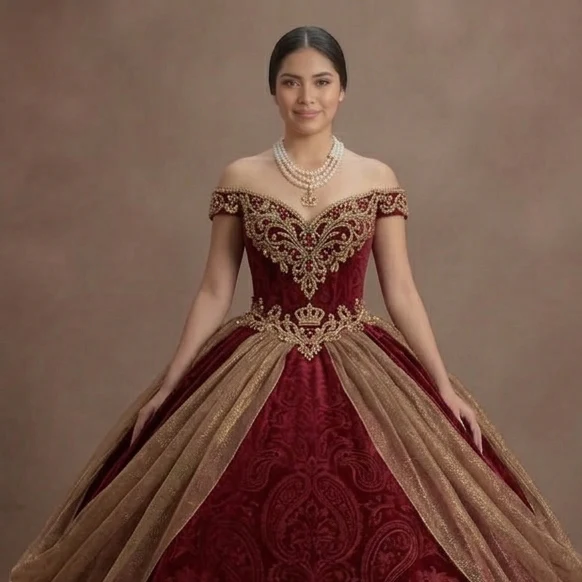 Quinceañera Ball Gown Crimson Velvet Royal Celebration - Image 4