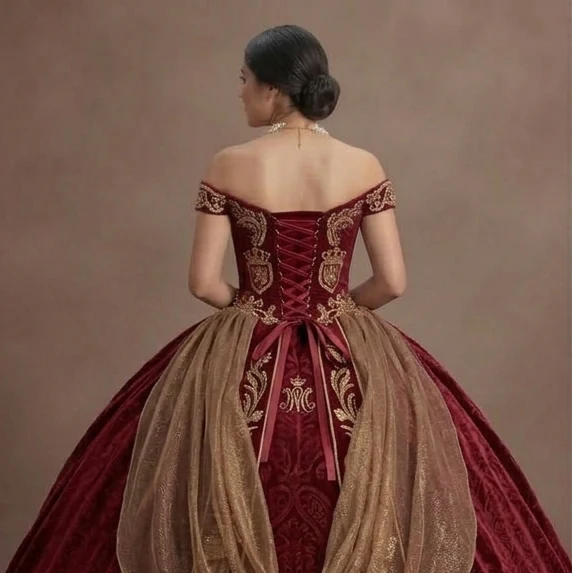 Quinceañera Ball Gown Crimson Velvet Royal Celebration - Image 5
