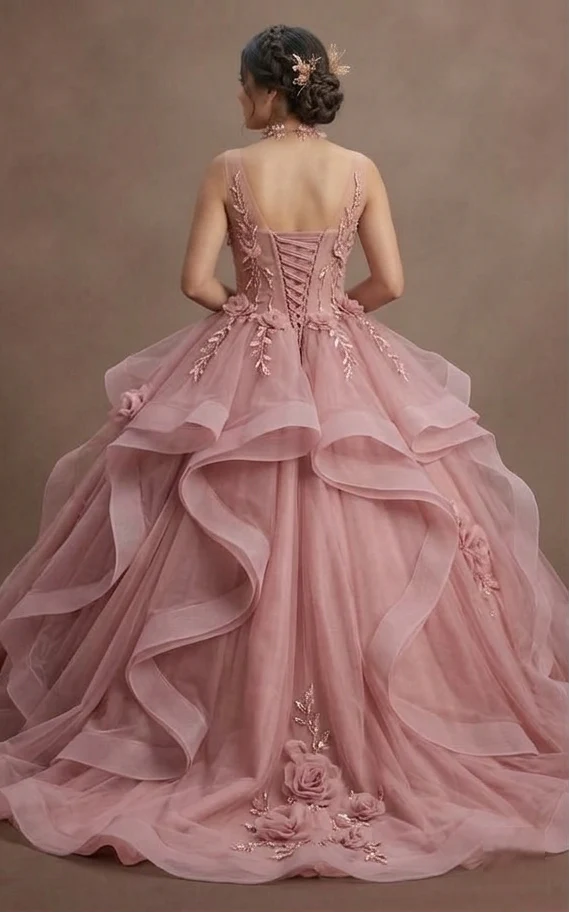 Quinceañera Ball Gown Dusty Rose Tulle Romantic Theme - Image 3