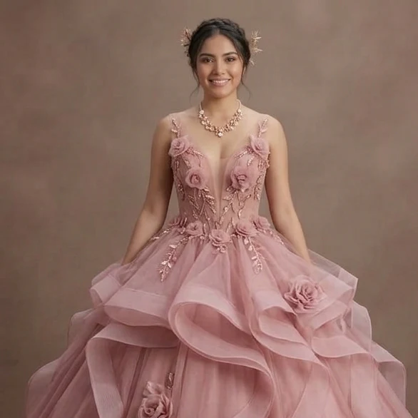 Quinceañera Ball Gown Dusty Rose Tulle Romantic Theme - Image 4