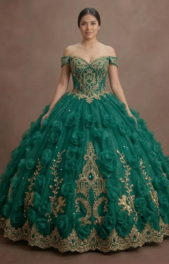 Quinceañera Ball Gown Emerald Tulle Royal Ball - Image 2
