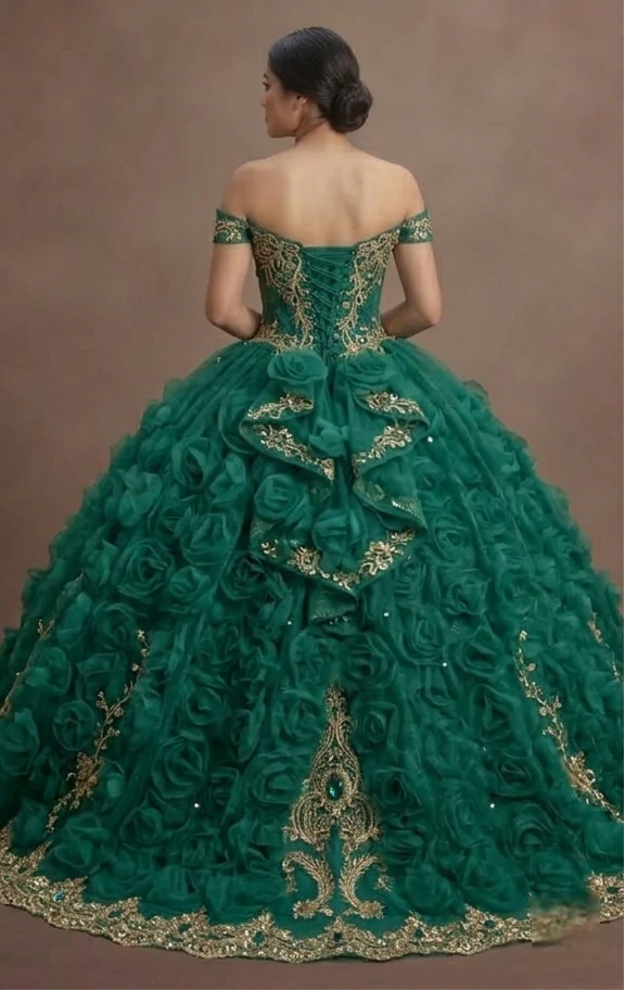 Quinceañera Ball Gown Emerald Tulle Royal Ball - Image 3