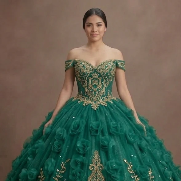 Quinceañera Ball Gown Emerald Tulle Royal Ball - Image 4