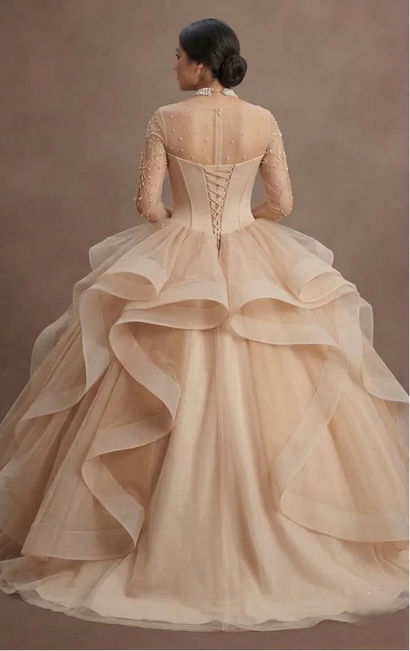 Quinceañera Ball Gown Nude Beige Tulle Minimalist Celebration - Image 3