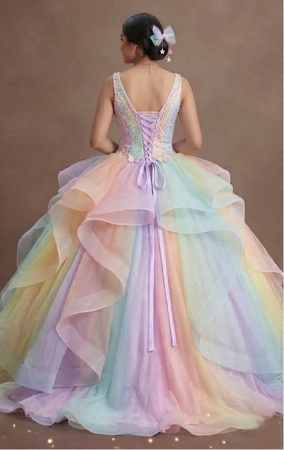 Quinceañera Ball Gown Pastel Rainbow Tulle Fantasy Party - Image 3