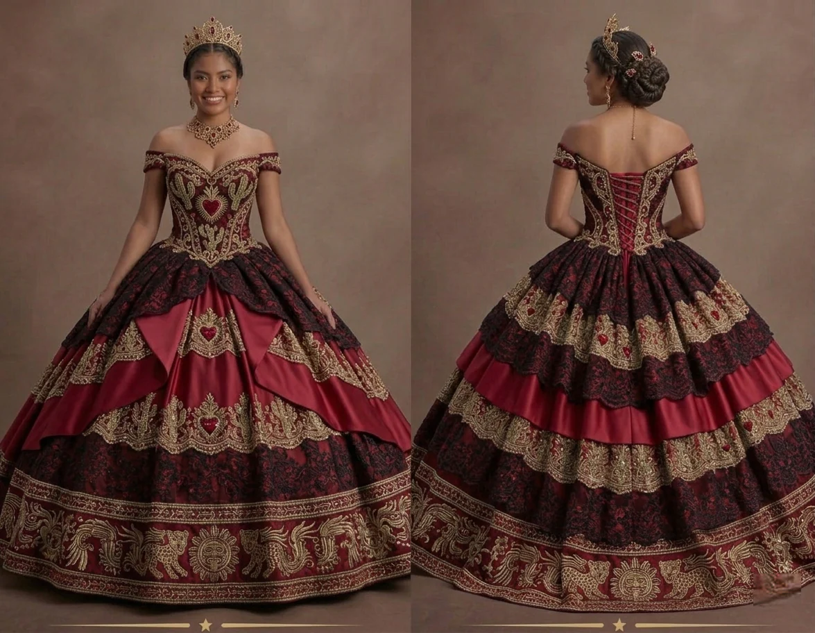 Quinceañera Ball Gown Red Lace Traditional Celebration