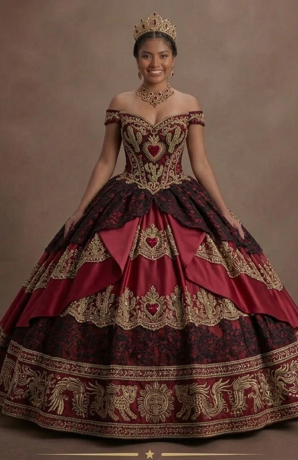 Quinceañera Ball Gown Red Lace Traditional Celebration - Image 2