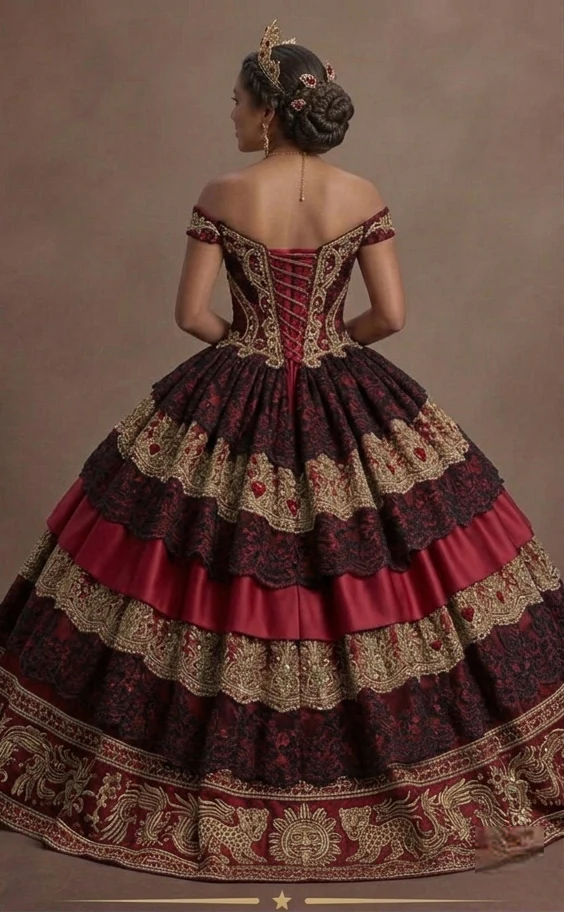 Quinceañera Ball Gown Red Lace Traditional Celebration - Image 3